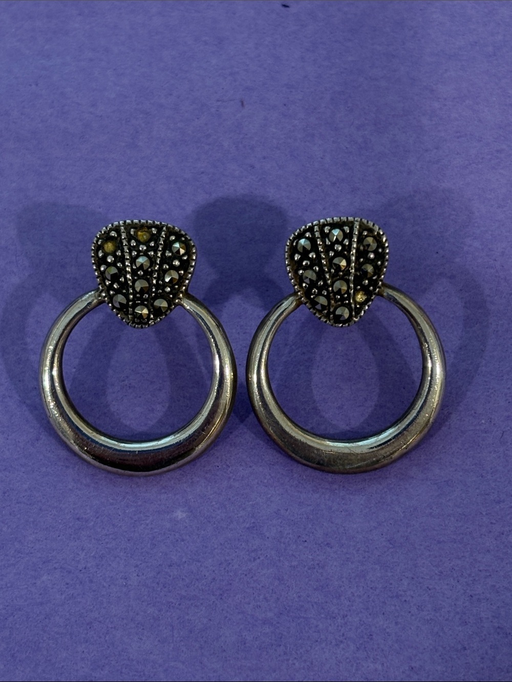 Sterling Silver Stamped Hoop Drop Earrings with Black Marcasite Accents